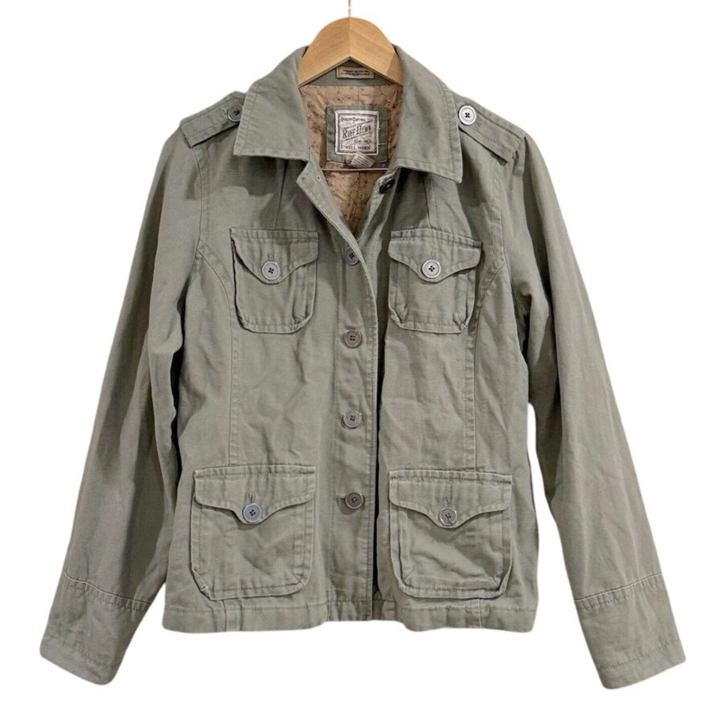 VTG Ruff Hewn Military Jacket Olive Green Four Pocket Button Up Utility L Rustic
